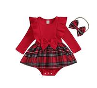 Geagodelia Robe de Noël Bébé Fille à Carreaux Barboteuse Robe de Princesse Rouge en Dentelle Grenouillère Manches Longues + Bandeau Ensemble Tenue Noël Nouveau-né (Rouge Volants, 18-24 Months)