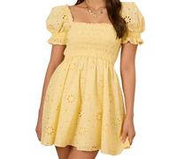 Geagodelia Robe d'Été Courte, Col Carré, Manches Bouffantes, Motif Broderie Anglaise (Jaune, M)