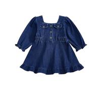 Geagodelia Robe en jean pour petite fille - Jupe trapèze boutonnée - Manches longues bouffantes - Ourlet bouffant - Ourlet bouffant - Concours de beauté, baptême, mariage, soirée, fête d'anniversaire