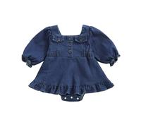 Geagodelia Robe en jean pour petite fille - Jupe trapèze boutonnée - Manches longues bouffantes - Ourlet bouffant - Ourlet bouffant - Concours de beauté, baptême, mariage, soirée, fête d'anniversaire
