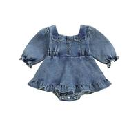 Geagodelia Robe en jean pour petite fille - Jupe trapèze boutonnée - Manches longues bouffantes - Ourlet bouffant - Ourlet bouffant - Concours de beauté, baptême, mariage, soirée, fête d'anniversaire