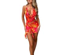 Geagodelia Robe Femme Eté Sexy Courte Dos Nu Col Décolleté sans Manches Mini Robe Halterneck Asymétrique Fendue à Volant (Orange, M)
