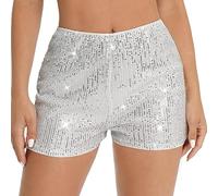 Geagodelia Short Femme Brillant à Sequins Taille Mi-Haute Short Sexy Femme à Taille Élastique Couleur Unie pour Club Fête (Blanc, M)