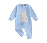 Geagodelia Tenue de Pâques pour nouveau-né garçon fille en polaire brodée lapin à manches longues Barboteuse My First Easter Baby Grow Vêtements de Pâques pour bébé, Barboteuse Bleu Clair, 6-12 mois