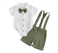 Geagodelia Tenue Gentleman Bébé Garçon de 2 Pièces, Body Chemise à Manches Courtes + Shorts à Bretelles, Ensemble Gentleman Baptême Mariage Cérémonie（Vert foncé, 6-9 mois