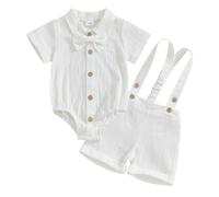 Geagodelia Tenue Gentleman Bébé Garçon de 2 Pièces, Body Chemise à Manches Courtes + Shorts à Bretelles, Ensemble Gentleman Baptême Mariage Cérémonie(Blanc, 0-3 mois