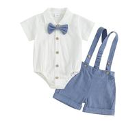 Geagodelia Tenue Gentleman Bébé Garçon de 2 Pièces, Body Chemise à Manches Courtes + Shorts à Bretelles, Ensemble Gentleman Baptême Mariage Cérémonie (Bleu, 6-12 mois)