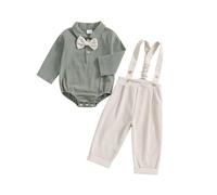Geagodelia Tenue Gentleman Bébé Garçon de 2 Pièces, Body Chemise à Manches Longues + Pantalon à Bretelles, Ensemble Gentleman Baptême Mariage Cérémonie (0-24 mois) (Vert, 6-12 Months)