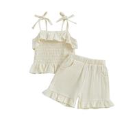 Geagodelia Tenues d’été Bébé Fille Ensemble 2pcs Couleur Unie Chemise à Volant sans Manches et Short (Beige, 12-18 Mois)