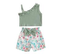 Geagodelia Tenues d'été Bébé Fille Débardeur sans Manches Short Fleuri avec Nœud Ensemble de 2 Pièces Vêtements Mignons pour Petites Filles (Vert, 18-24 Mois)