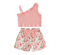 Geagodelia Tenues d'été Bébé Fille Débardeur sans Manches Short Fleuri avec Nœud Ensemble de 2 Pièces Vêtements Mignons pour Petites Filles (Rose, 3-4 Ans)