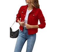 Geagodelia Veste en Jean Femme Cintrée Boutonnée Blouson Mi-Saison Décontracté Denim Jacket Coat Couleur Unie (Rouge, XL)