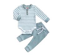 Geagodelia Vêtement Bébé Garçon Ensemble Barboteuse à Rayure Manches Longues + Pantalon Décontracté Tenue Ensemble 2 Pièces Automne et Hiver pour Nouveau-né Garçon (Bleu, 3-6 Months)