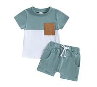 Geagodelia Vêtement Bébé Garçon Ensemble Short et Colorbloc Tee Shirt Manches Courtes Tenue de Sport Fitness Jogging Survêtement 2 Pièces Infantile (Bleu Couleur Contrastée, 6-12 Mois)