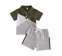 Geagodelia Vêtement Bébé Garçon Ensemble Short et Tee Shirt Jacquard à Manches Courtes et Col Rabattu Couleur Contrastée Tenue d'été 2 Pièces (Vert Armée Bicolore, 3-4 Years)