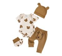 Geagodelia Vêtements Nouveau-né Bébé Garçon Fille Ensemble Imprimé Koala Bear Barboteuse Manches Longues et Pantalon + Bonnet 3 Pièce Tenue de Printemps Automne (Kaki Ours, 0-3 Months)