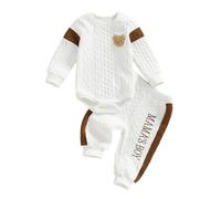Geagodelia Vêtements Nouveau-né Bébé Garçon Fille Ensemble Imprimé Koala Ours Barboteuse Manches Longues et Pantalon + Bonnet 3 Pièce Tenue de Printemps Automne (Blanc Tricot Torsadé, 9-12 Months)