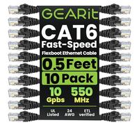 GearIT 10-Pack Cat6 Patch Cable 0.5 Foot / 6 inches Cat 6 Ethernet Cable Snagless Flexible Soft Tab - Preimum Series - Black