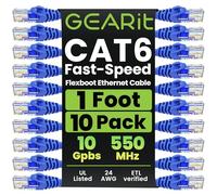 GearIT Lot de 10 Câbles de Brassage Cat6 0,30 m Câble Ethernet Cat 6 Languette Souple sans Accroc. Série Premium, Bleu