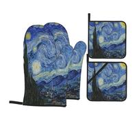Gearsly Lot de 4 gants de cuisine et maniques Motif Van Gogh La Nuit étoilée de Van Gogh Gants de cuisine antidérapants et imperméables pour cuisine et grillades