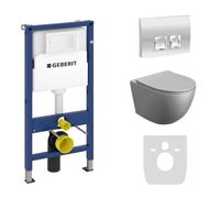 GEBERIT Duofix Basic Élément mural + chasse d'eau murale Sinto gris sans bord + siège WC + plaque de commande Delta 25 bouton chromé complet encastré