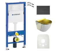 GEBERIT Duofix Basic élément mural+évier Sofi Slim Checked Gold sans bord+abattant WC+panneau Delta 25 bouton noir kit encastré chasse d'eau