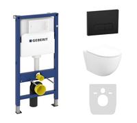 Geberit Duofix Basic Ensemble WC encastré avec élément mural et évier profond Sofi Slim blanc mat sans bord + abattant WC + panneau de commande Delta 25 bouton noir Kit complet encastré