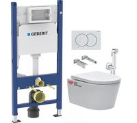 Geberit - Pack Bati-support Geberit 112cm + Cuvette Swiss Aqua Technologies sans bride + Douchette bidet + Plaque blanche