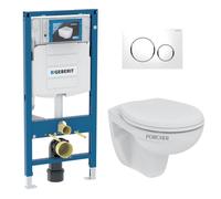 Pack WC Bati Geberit Duofix + WC suspendu Porcher sans bride + abattant Eurovit + Plaque de commande blanche/chrome (GebPorcher