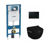 Geberit - Pack WC Bati-support Geberit + Cuvette Vitra SENTO noire sans bride fixations invisibles + Abattant + Plaque noire