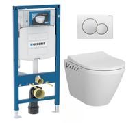 Geberit - Pack WC Bati-support Geberit + WC Vitra Integra fixations invisibles + Abattant softclose + Plaque blanche (GebIntegraRimless-B)