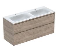 Geberit Renova Plan Ensemble lavabo double meuble bord étroit, avec meuble sous lavabo, 2 tiroirs, 130x62,1x48cm, 504.042.JR.1, Couleur: lavabo : blanc, façade/carcasse : structure en noyer, hickory/m