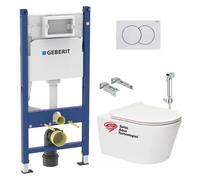 Geberit + Swiss Aqua Technologies - Pack WC sans bride Brevis + Abattant softclose slim + Bâti support Geberit UP100 + Plaque blanche + Douchette Groh