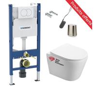 Geberit + Swiss Aqua Technologies - Pack WC sans bride Infinitio + Abattant softclose slim + Bâti Geberit UP100 + Plaque blanche + Brosse Joseph Josep