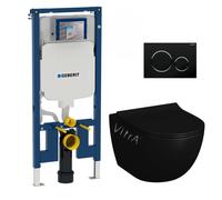Geberit + Vitra - Pack WC Bati-support extra-plat UP720 + WC Vitra Sento sans bride noir mat + Abattant softclose + Plaque noire chromé