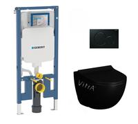 Geberit + Vitra - Pack WC Bati-support UP720 extra-plat + WC Vitra Sento sans bride Noir mat + Abattant softclose + Plaque Noire