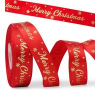 GEBETTER 2cm*22m Ruban Satin Noël Cadeau Emballage “Merry Christmas” Doré Joyeux Noël (Rouge Merry Christmas)