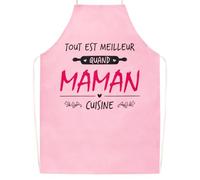 GEBETTER Tablier Cuisine Maman Idée Cadeau “TOUT EST MEILLEUR QUAND MAMAN CUISINE” Rose Cadeau Original pour Noël Fête Mère Anniversaire