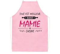 GEBETTER Tablier Cuisine Mamie Idée Cadeau“TOUT EST MEILLEUR QUAND MAMIE CUISINE” Rose Cadeau Original pour Noël Fête Grand Mère Anniversaire