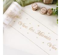 GEBETTER Tulle “Vive Les Mariés” 15cmx9m Rouleau Ruban Blanc Paillette Décoration Voiture Mariage Chemin de Table (Doré)