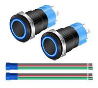 Gebildet 2pcs 0.47 Pouce/12mm Métal Noir Bouton Poussoir Momentané 12V-24V 3A LED Normalement Ouvert SPST Allumé/éteint Étanche avec Prise de Fil (LED Bleue)