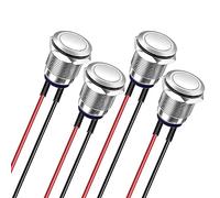 Gebildet 4pièces Précâblé 12mm 3A 12V/24V/110V/250VAC Interrupteur à Bouton-Poussoir Etanche Verrouillage en Acier Inoxydable Bouton-Poussoir Marche-Arrêt (Tête Plate)