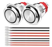 Gebildet Lot de 2boutons Poussoirs Etanches à LED bleue Momentanés 110-230V CA/15A Interrupteur à bouton-poussoir en acier inoxydable de 16mm Etanche avec fil de Connexion