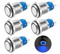 Gebildet Lot de 5 Interrupteurs à Bouton-Poussoir à Verrouillage en Métal, LED Bleue, 16mm, étanches, 12V-24V/5A, 1 NO, 1 NC, Marche/Arrêt, pour 5/8" Trou de Montage