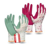 Gebol Flower Duo Lot de 2 gants de jardinage pour femme avec motif floral et revêtement en latex doux pour une bonne adhérence, 2 gants de protection taille M (taille 8), rouge/vert