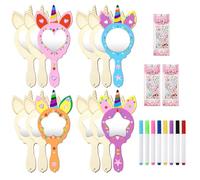 Gebrazy Lot de 12Kits Bricolage Miroir Kits,Licorne Artisanat en Bois à Peindre- Miroir en bois à peindre - Pour enfants - Cadeau de Fête - Kit de Bricolage en Bois Pour Enfants