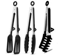 Gebrazy Pinces de cuisine en acier inoxydable, lot de 3 pinces de cuisine, pince à barbecue en acier inoxydable de 27 cm avec support, pince à barbecue en silicone, pince de cuisine, pince en silicone