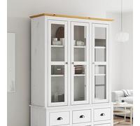 Gecheer Armoire avec Portes vitrées BODO Blanc Marron Bois pin Massif, Meuble de Rangement Commode avec Étagères Armoire Latérale de Cuisine pour Salon, Chambre, Salle à Manger