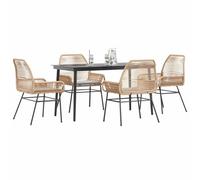 Gecheer Ensemble à Manger Jardin Coussins 5pcs Marron Poly rotin Verre, 4 Personnes Mobilier à Dîner d'extérieur, Salon de Jardin Table et Chaises, Meuble Jeu à Dîner pour Extérieur Type E