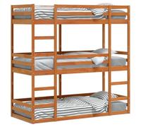 Gecheer Lit superposé triple en bois massif de pin marron ciré, 75 x 190 cm, meuble lit simple, double chambre, escalier, garde-corps pour enfants